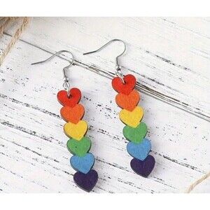 Wood RAINBOW Hearts Dangle Earrings Women Teens Heart ❤️🩵🩷💙💚💛💜